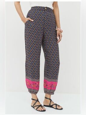 Anthropologie Navy Printed Ankle Pants with Pink Border